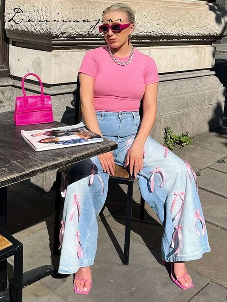Casual Washing Bow Women Jeans High Waist Wide Leg Zippers Pockets Female Spring Summer New Fashion Lady Trouser