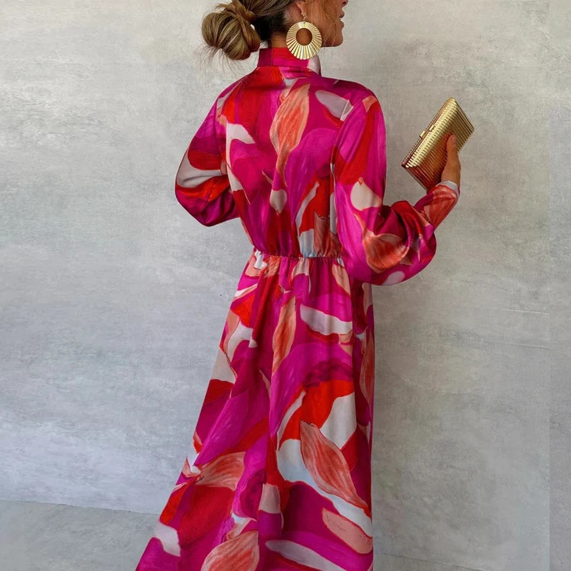 Fashion Pattern Printed Lace Up Commuting Dress Ladies Elegant V Neck Long Sleeved Split Dress Casual Party Irregular Maxi Dress 250326