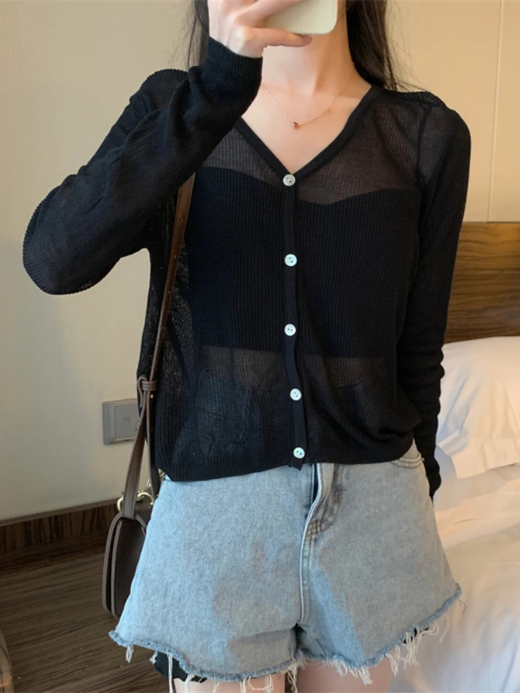 Womens cardigan long sleeved knitted jacket solid thin spring short shirt Vneck Korean fashion 250326
