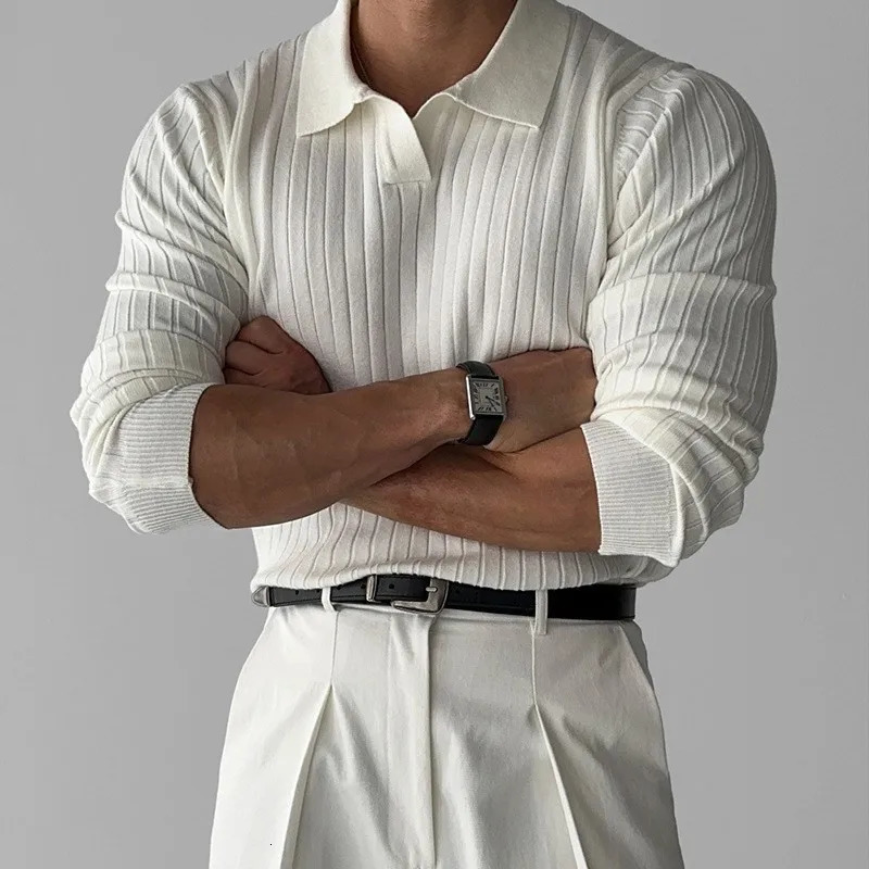 Mens fashion y Vneck knitted jacquard polo shirt solid color long sleeved Korean casual knitting autumn 250327