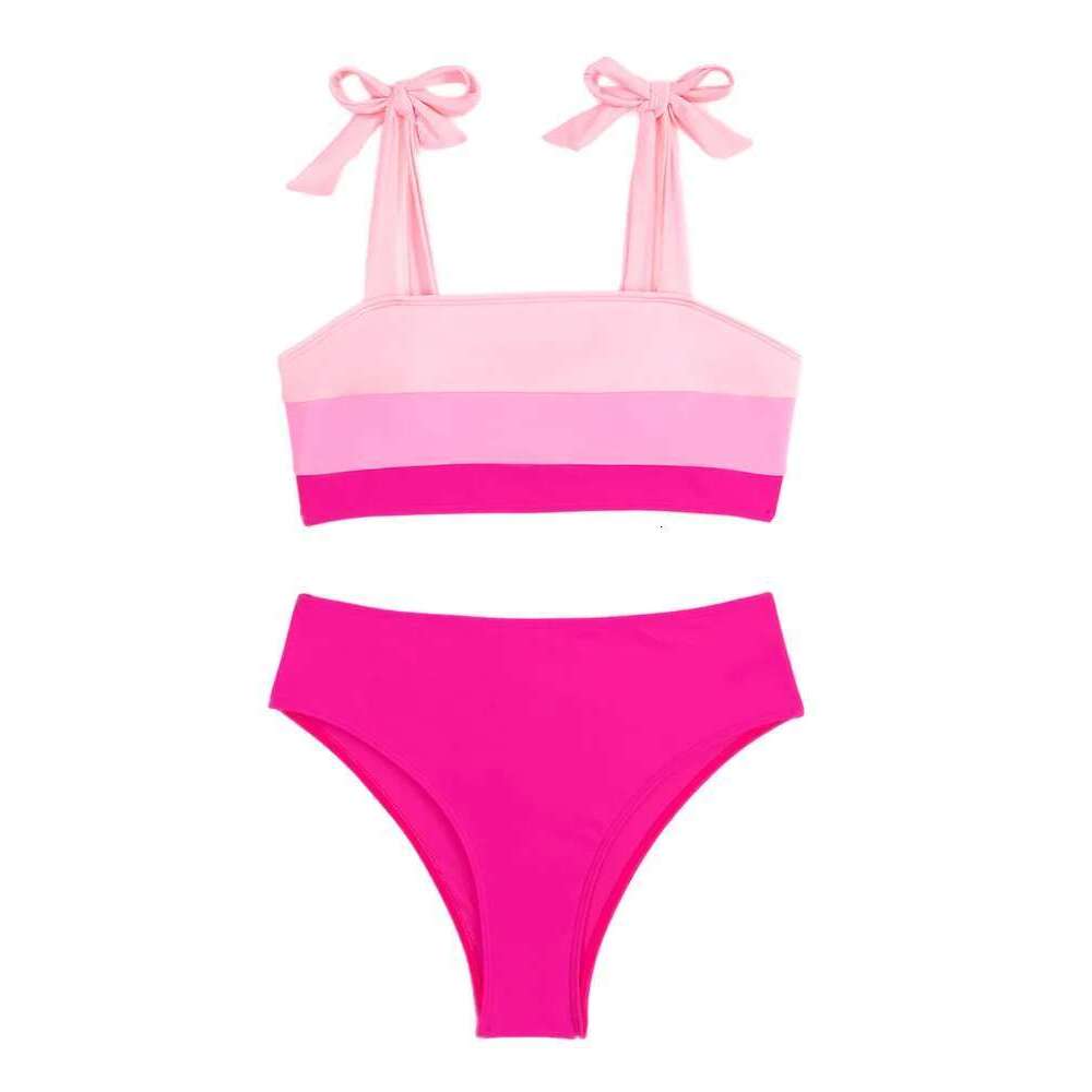 Sexy Tie Shoulder High Waist Bikinis Sets Two Pieces Pink Swimsuit Women Padded Swimwear Bandeau Brazilian Biquini Beach Wear