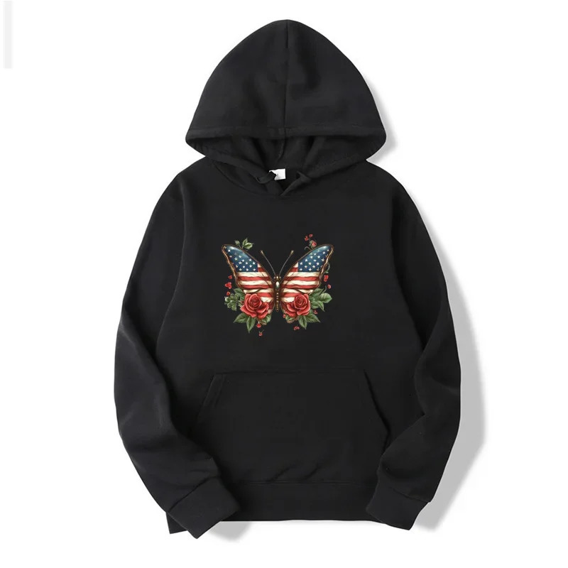 Fashion Butterfly Rose Printed Hoodie Spring Casual Long Sleeve Zipper Sweatshirt Hip Hop Womens Clothing 250326