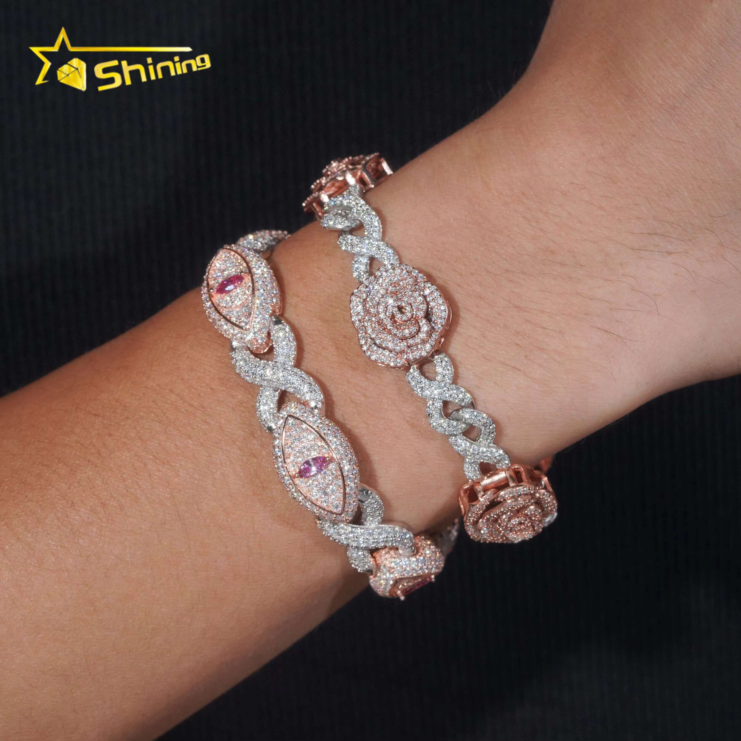 Real 925 Sterling Silver Gold Plated Hip Hop Jewelry Custom Colored Infinity Moissanite Cuban Bracelet Cat Eye Bracelets