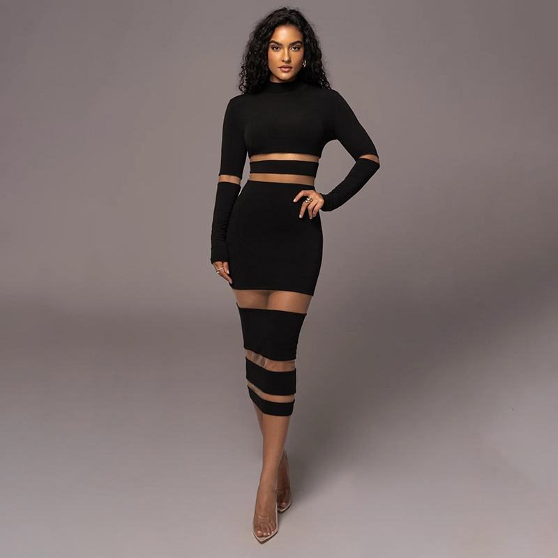 Designer Dress 2025 Spring/summer Women's Long Skirt New Sexy Mesh Splicing Collar High Waist Slimming Long Skirt Trendy Long Sleeve Top Ladies&#