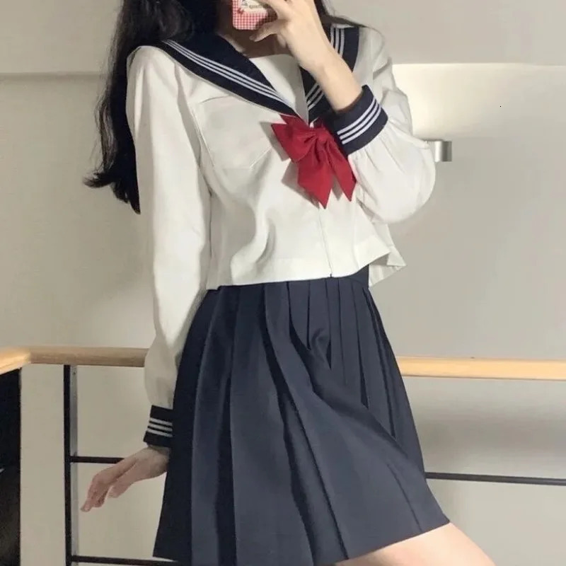 Japanese school uniform girl Jk set sexy springsummer red tie white three piece basic sailor womens long sleeved 250326