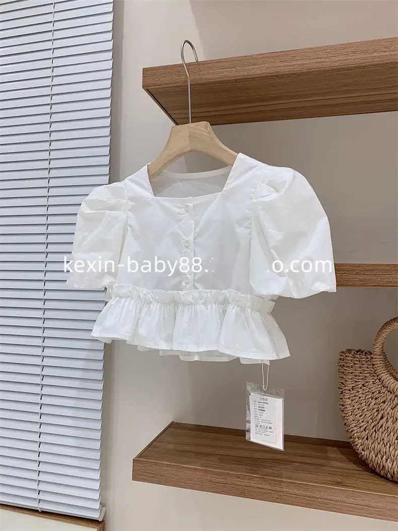 Girls clothing set summer childrens square neckline bubble sleeve shirt lace thin soft jeans two-piece setT250327