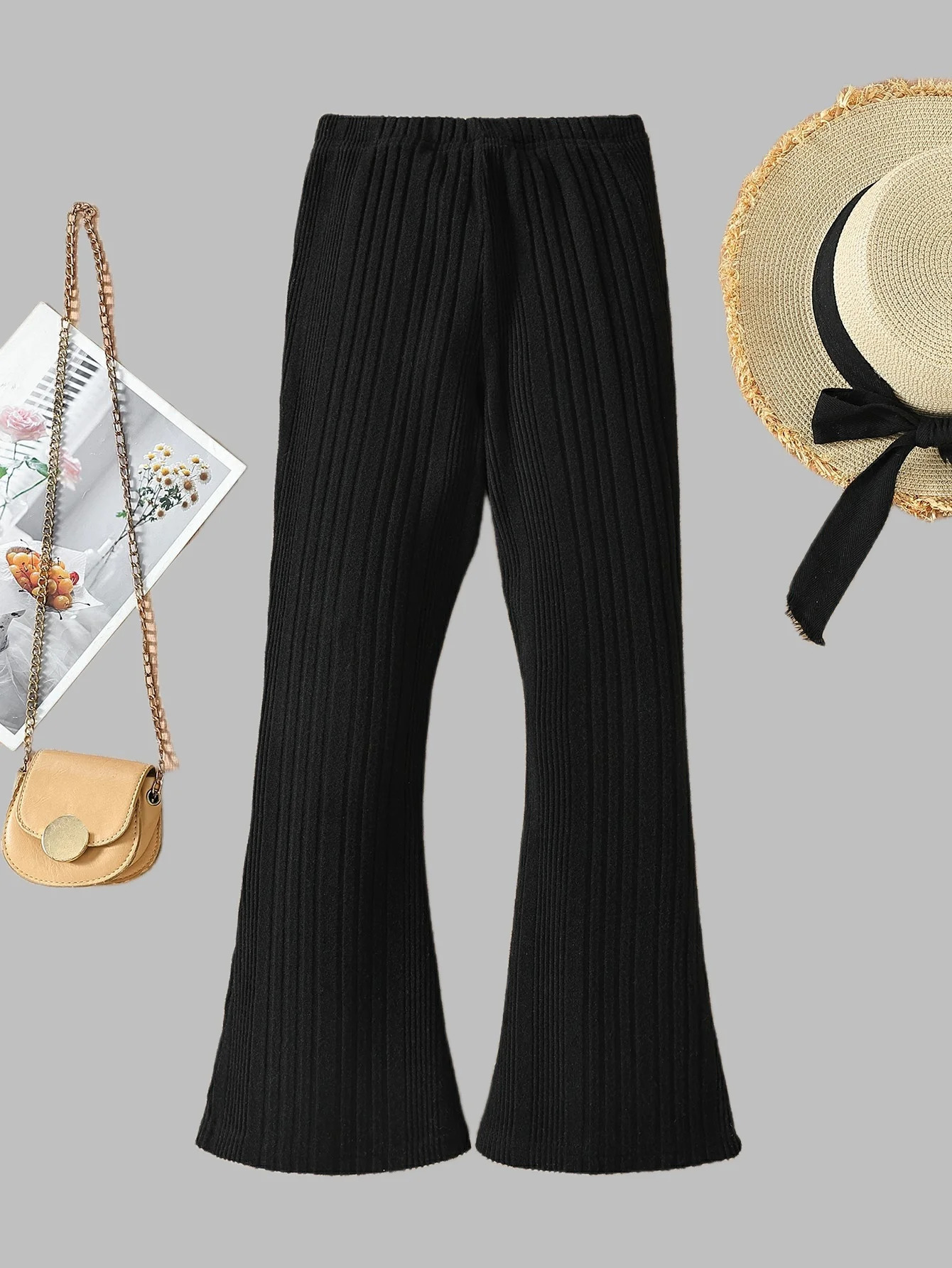 Autumn girl pants slim hole comfortable fully matched high waist black bell bottom 250325
