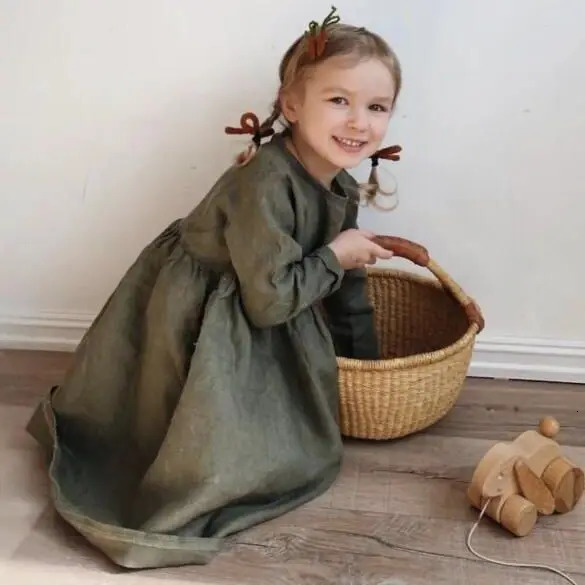 Autumn Girl Children Retro Solid Simple Casual Dress For Party And Wedding Baby Cotton Linen Long Sleeves Princess Dresses 250326