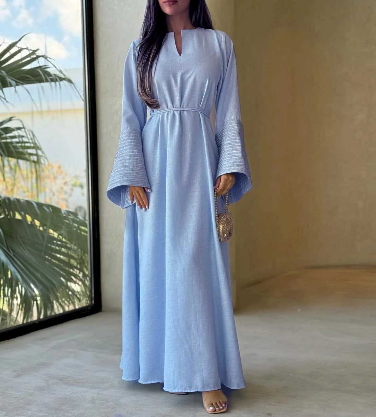 New Linen Palestine Embroidery Muslim Belted Dress Kufiyah Modest Abaya Ramadan Closed Abaya Women Muslim Clothing Casual Dress X250514