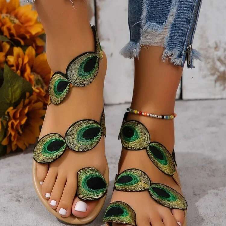 Yellow Embroidered Faux wer Fashion Sandals Flat Plus Size 43 Summer Outdoor Beach Travel Mom Shoes