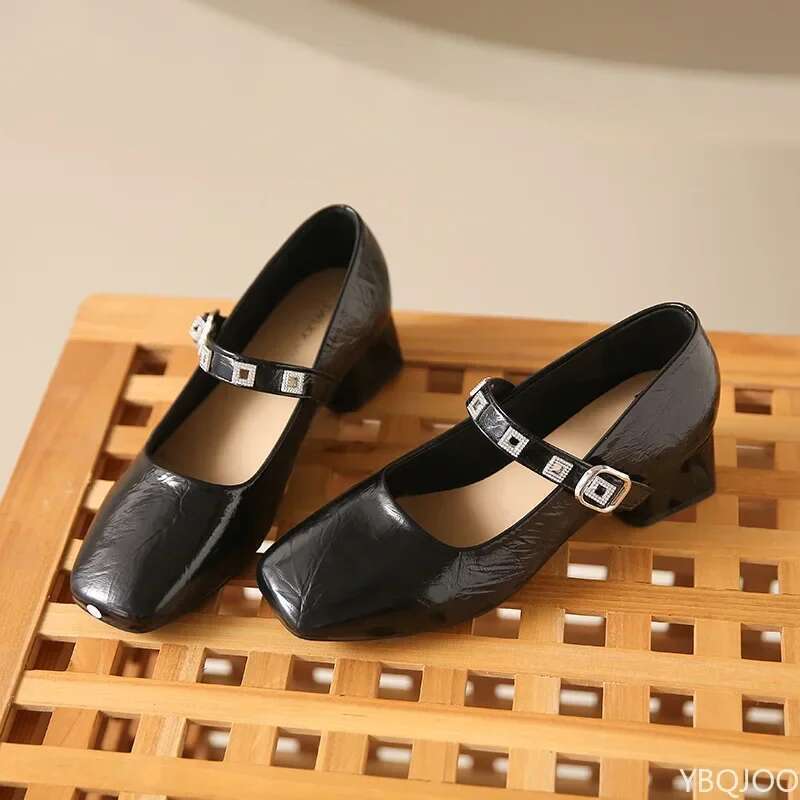 Chunky Heeled Mary Janes Fashion Buckle Platform Pumps Woman Slip on Thick Heel Pu Leather Single Shoes