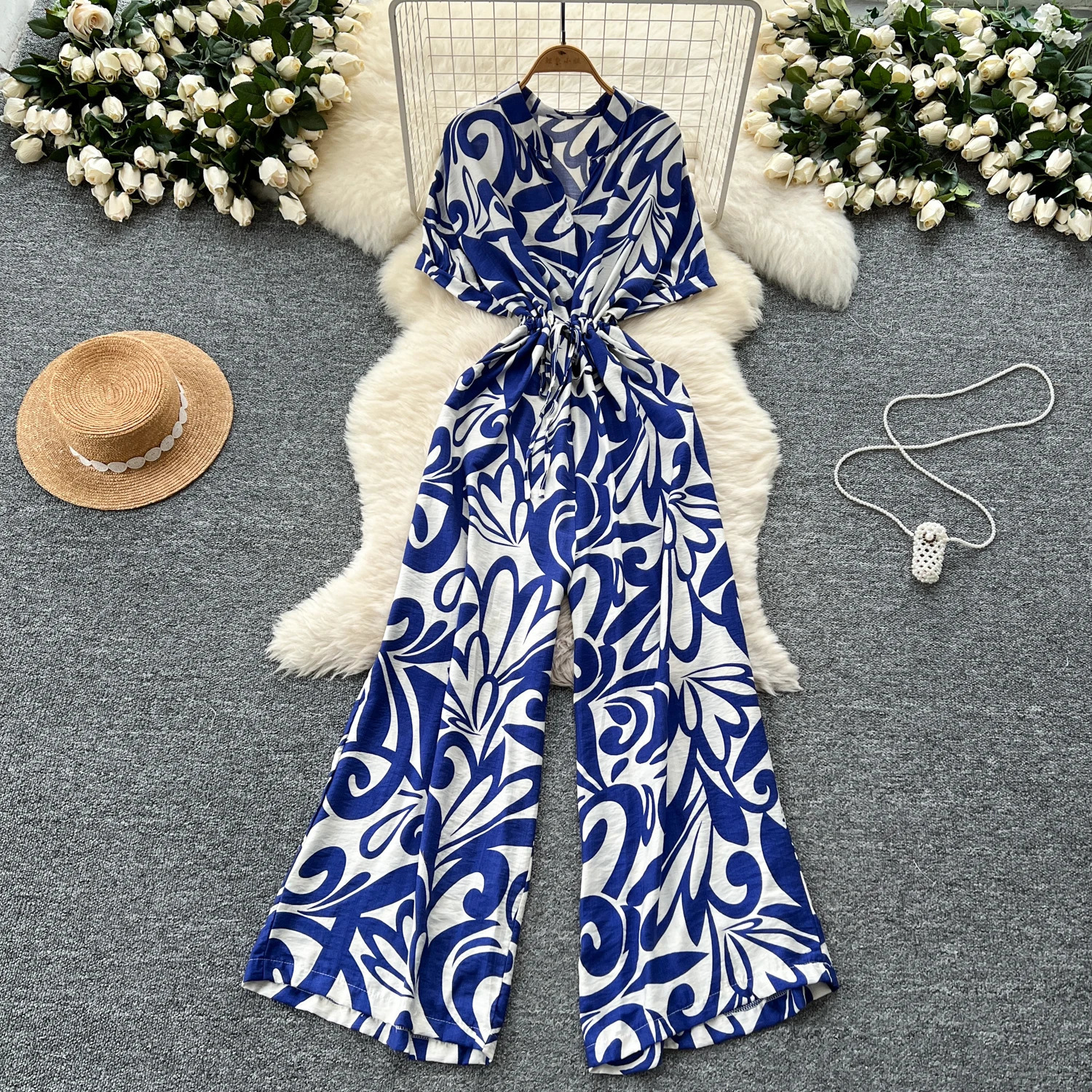 Vneck puff sleeve ultrathin bodysuit high waisted floral print wide leg pants jumpsuit womens Y2k retro fashionable summer 250326
