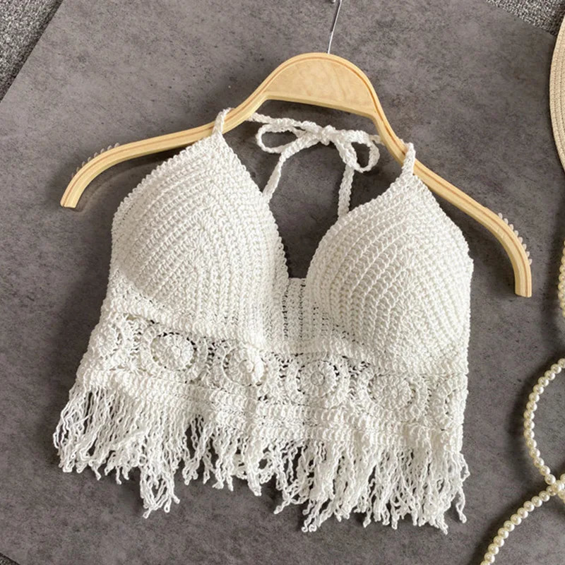 Sexy Bohemian Beach Holiday Vest Strap Womens Crochet Knitted Swimsuit Backless Hollow Tassel Top 250326