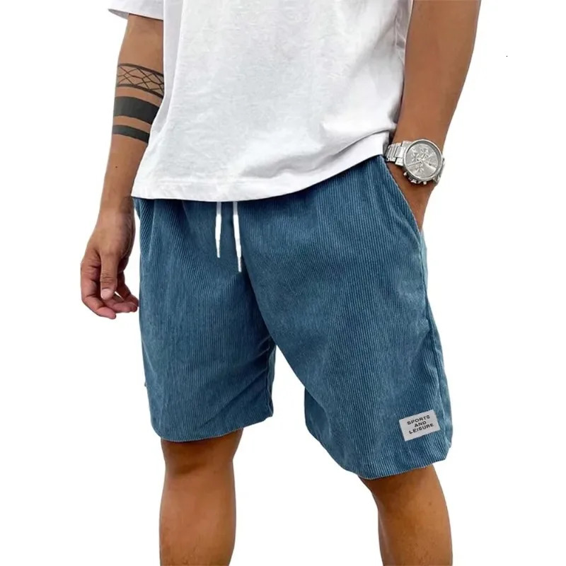 Summer mens solid Corduroy shorts with drawstring and casual elastic waist suitable for outdoor daily activities 250322