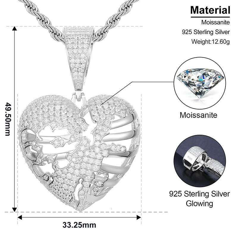 Hip Hop Iced Out Bling Hollow Heart Pendant Necklace 925 Sterling Silver Moissanite Heart Broke Pendant For Men Women Jewelry