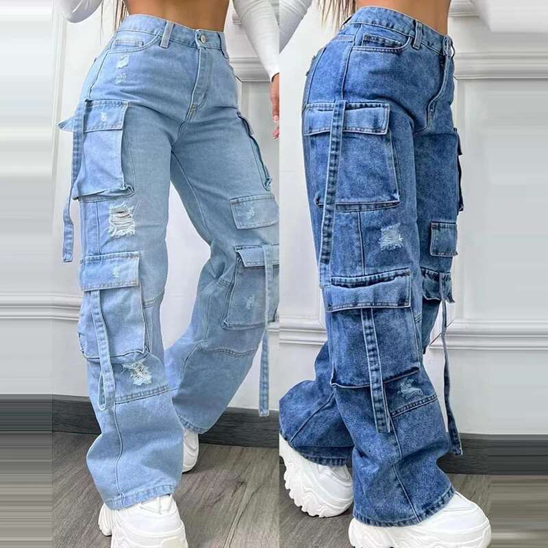 Casual Pocket Loose Hole Women's Jeans High Waist Wide Legs Zipper Female Straight Trouser Spring Summer Fashion Streetwear