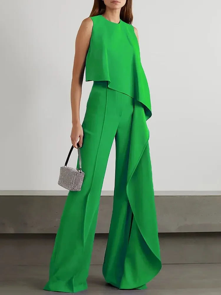 Spring Womens Plain Elegant Office Solid Color Loose Ruffle Single Shoulder Split Bottom Wide Leg jumpsuit 250326