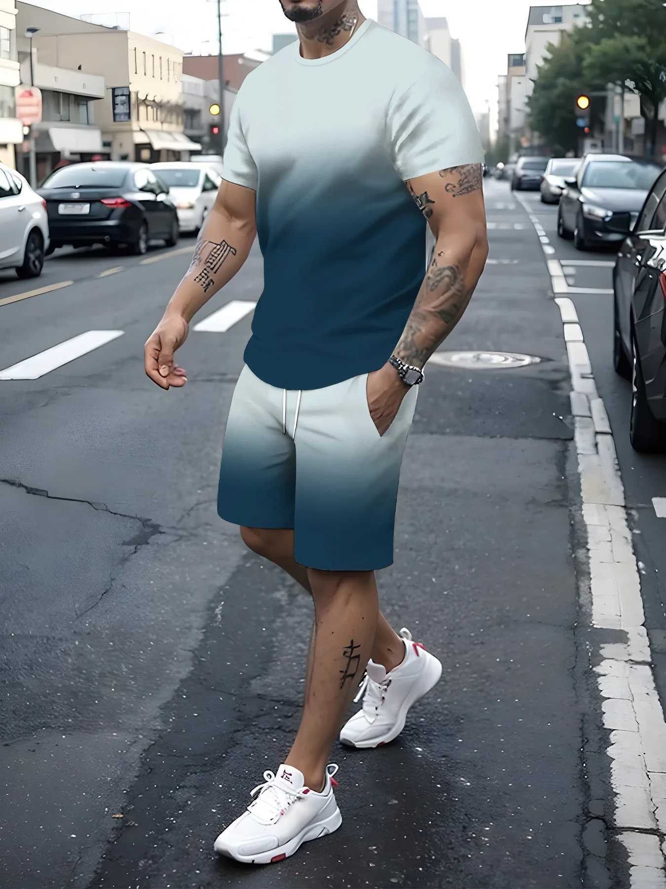 New 3D printed mens sportswear fitness set running set casual T-shirt+shorts set breathable sportswear striped setXJ250326