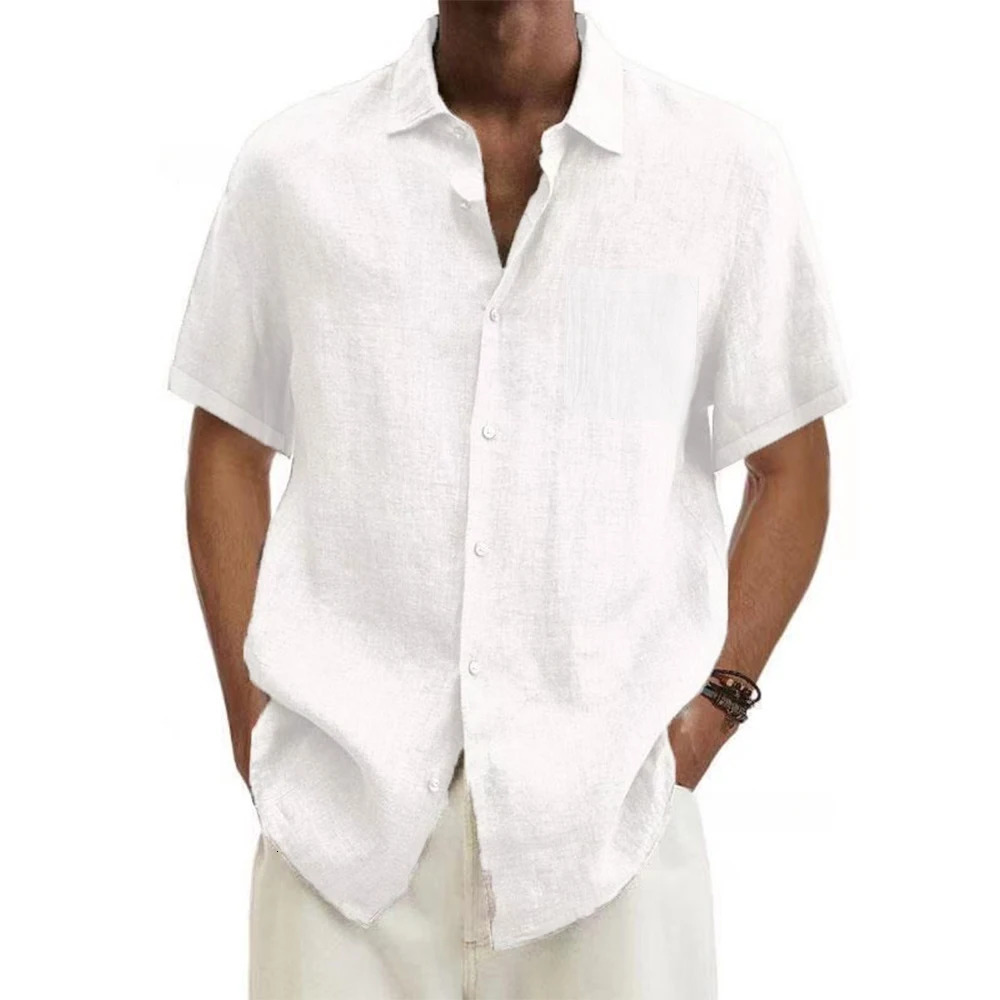 Mens cotton linen selling mens short sleeved summer solid color lapel casual beach style plus size top 250326
