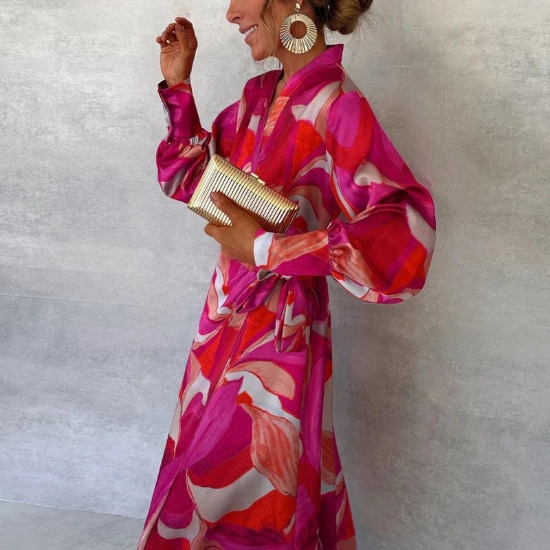 Fashion Pattern Printed Lace Up Commuting Dress Ladies Elegant V Neck Long Sleeved Split Dress Casual Party Irregular Maxi Dress 250326