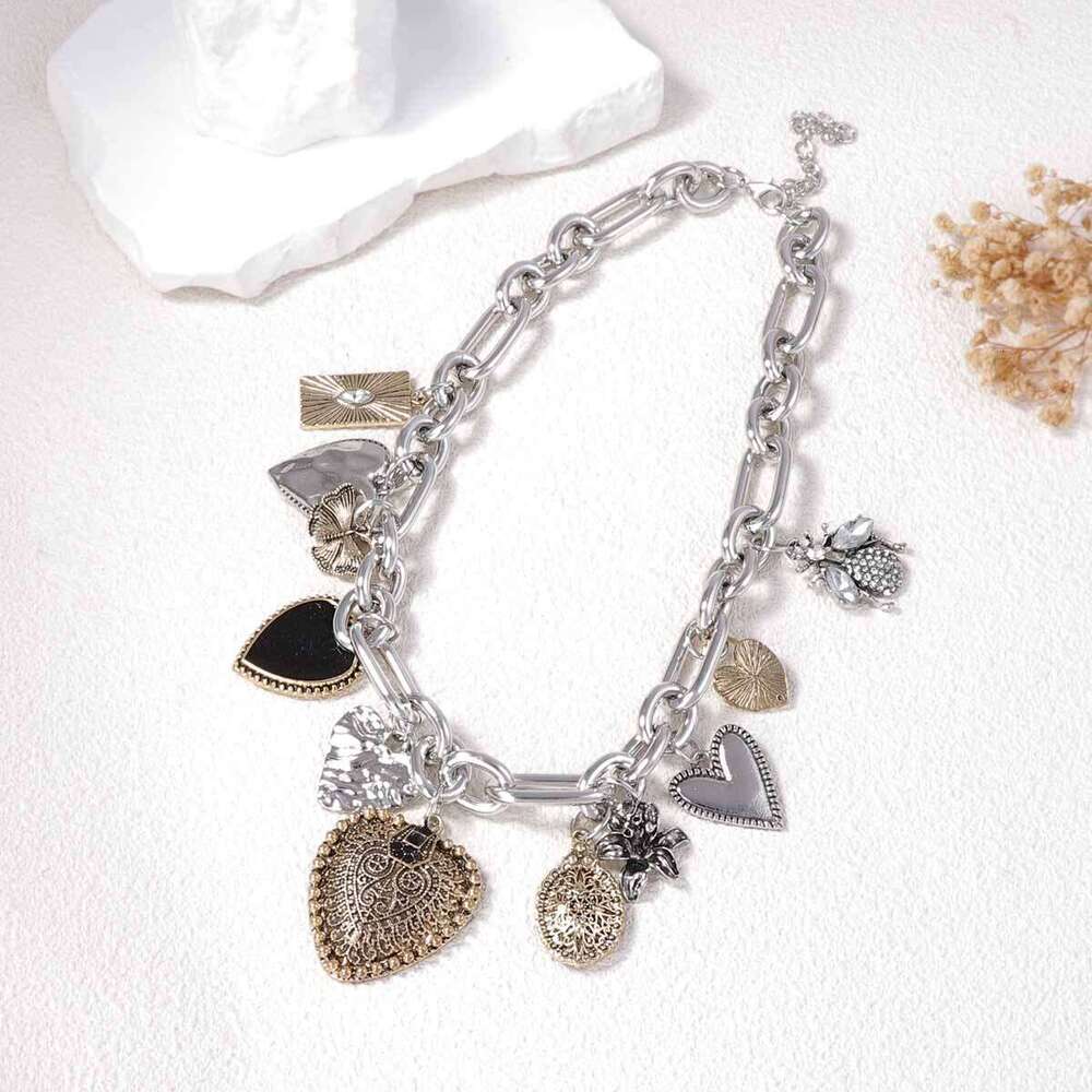 Trendy Vintage Alloy Love Pendant Necklace, Creative Multi-Heart Design with Micro-Inlaid Zirconia Chain for Women