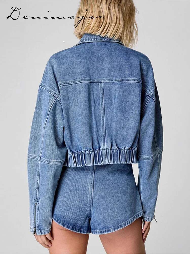 Lace Up Pleated Denim Women Shorts Suits Lapel Zipped Jacket Wide Leg Mini Pants Female Spring Summer New Fashion Lady Sets