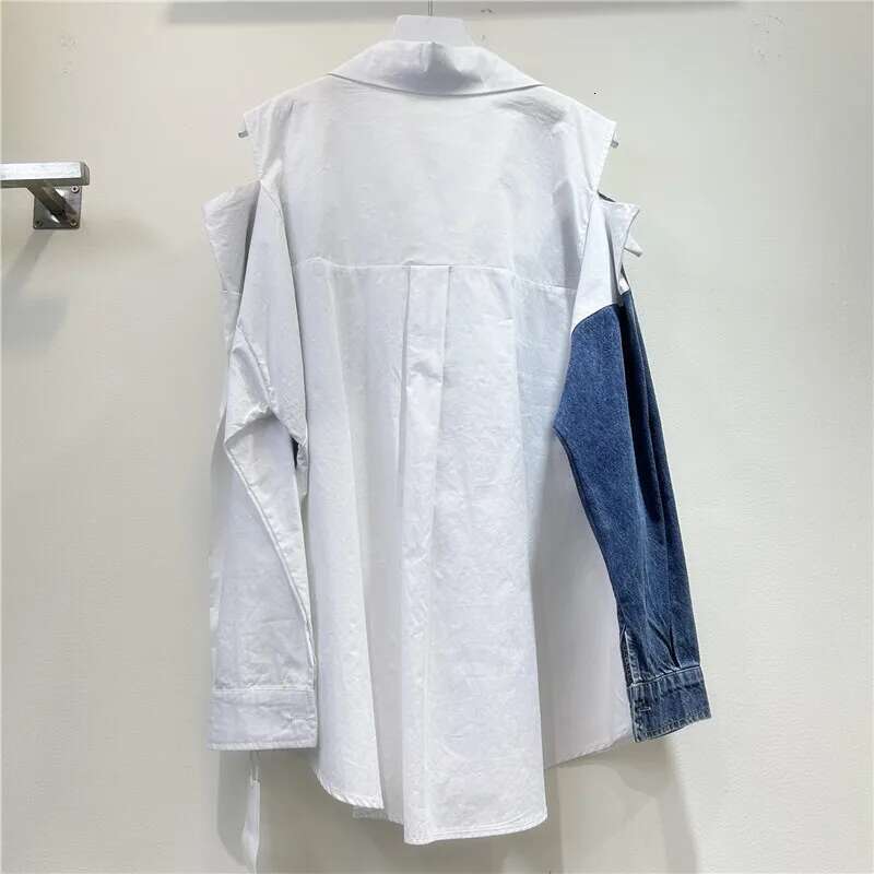 New Fashion Women Contrast Color Off-Shoulder Shirt Spring Lapel Long Sleeves Double Belt Design Blouse Female