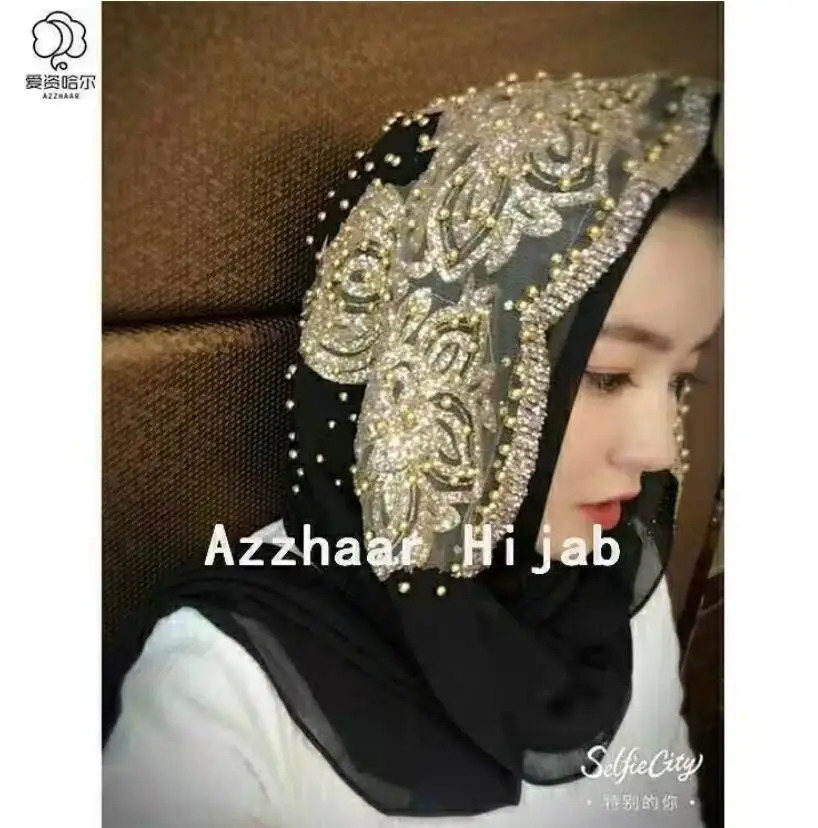Muslim chiffon headscarf beaded womens Muslim gold diamond sequin long scarf headscarf Hoofddoek fashionable flat headscarf 250322