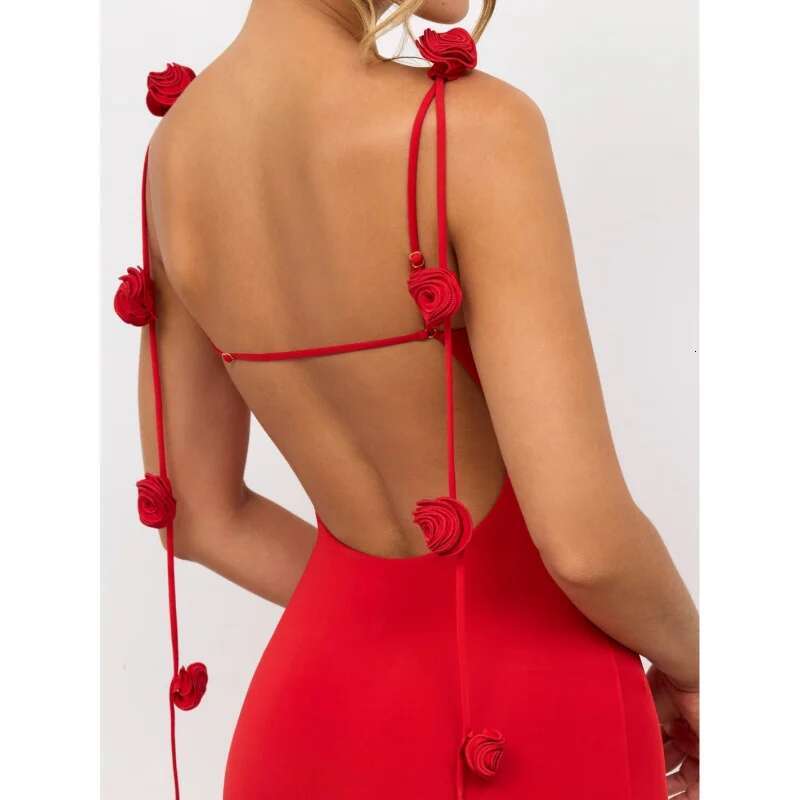 Dongdumaoyi DAMES Sexy Avondjurk Backless Schouderband Driedimensionale Bloem Decoratieve Sling Lange Jurk C