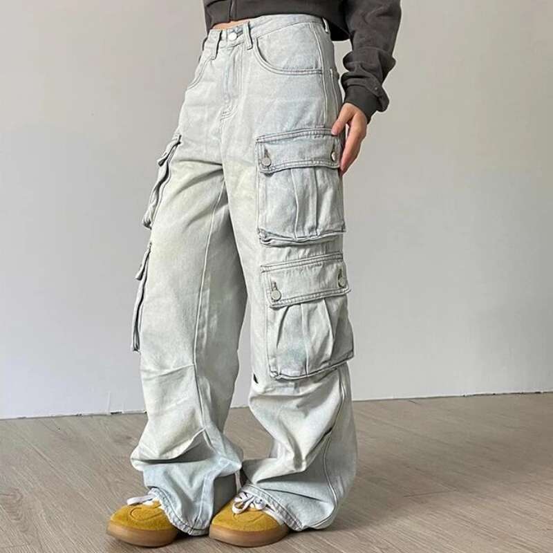 Autumn Winter New Ladies American Street Style Baggy Cargo Pants Blue Multi-Pocket Wide Leg Jeans For Women