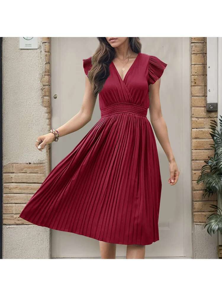 Dongdumaoyi Zomer Essentieel Elegante Geplooide Jurk Met V Hals Minimalistische Stijl Hoge Taille