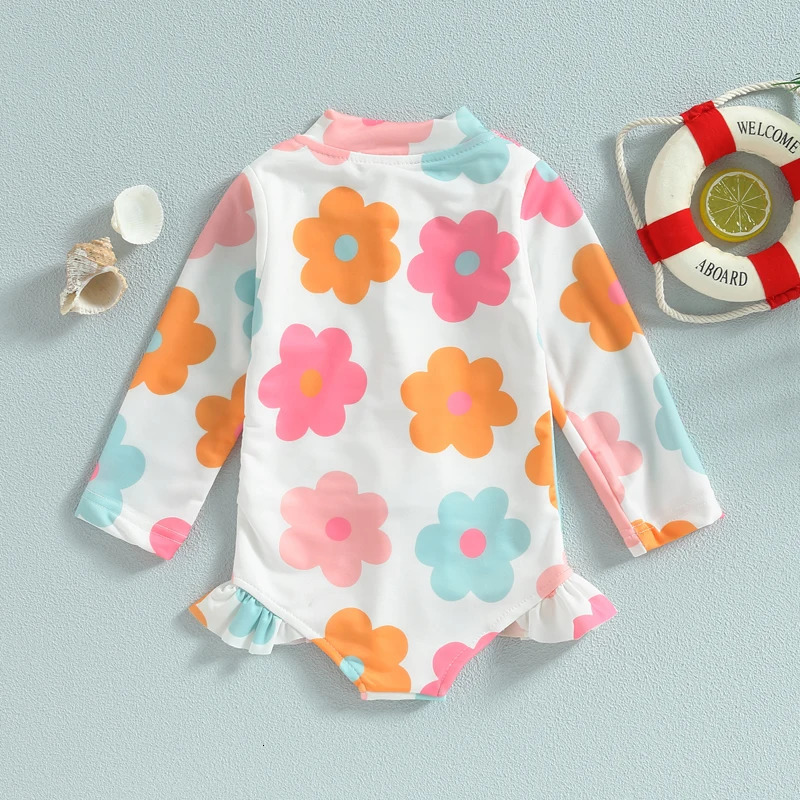 Kids Baby Girl Swimsuits Summer Floral Long Sleeve Zipper Ruffles Jumpsuit Swimwear Beachwear Bathing Suits 250326