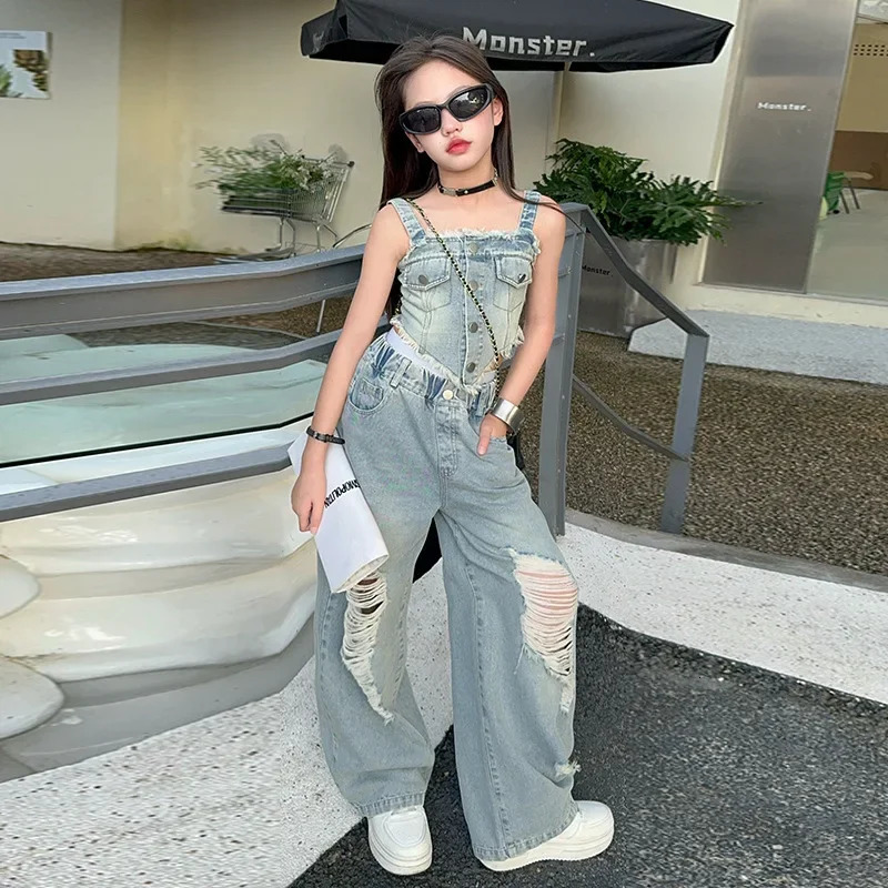 Girls Suits Summer Vintage Denim Suit Harbor Flavor Halter Vest Ripped Wide-leg Pants Two-piece Set Kids Simple Casual 250326