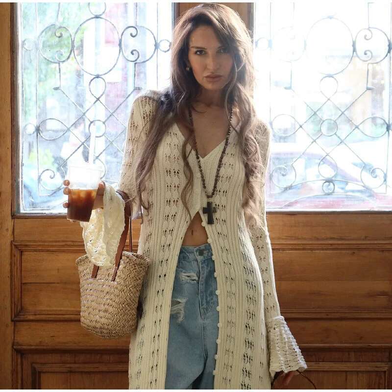 Women's Coat Knitted Hollow Out Cardigan Women's V-Neck Long Petal Sleeve Sweater Single Breasted Maxi Coats Autumn Elegant Outwear