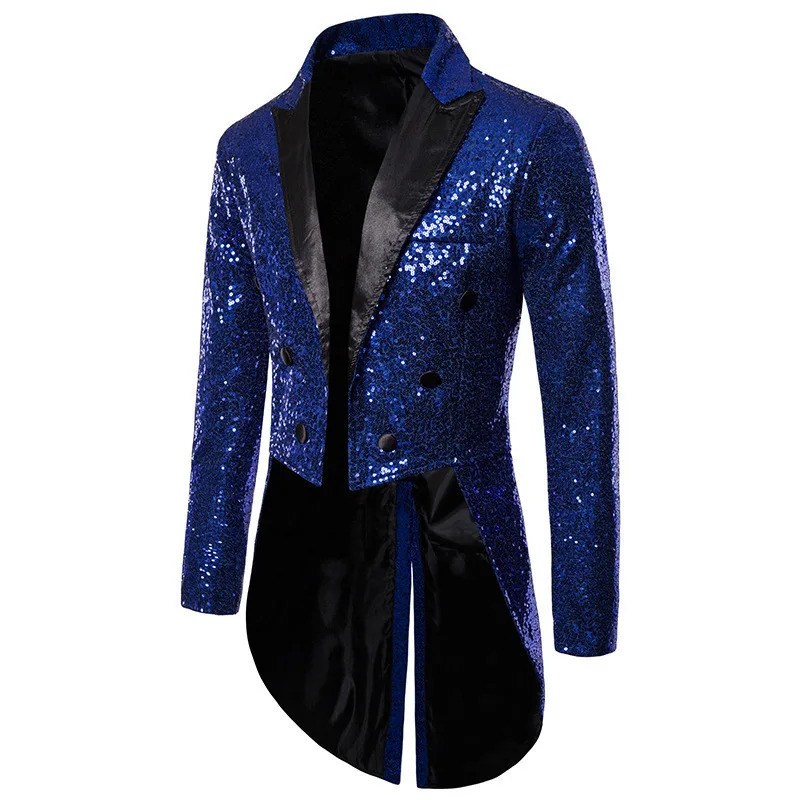 Wxw4131 sequin jacket mens long open collar kimono loose tailcoat asymmetric button party 250326
