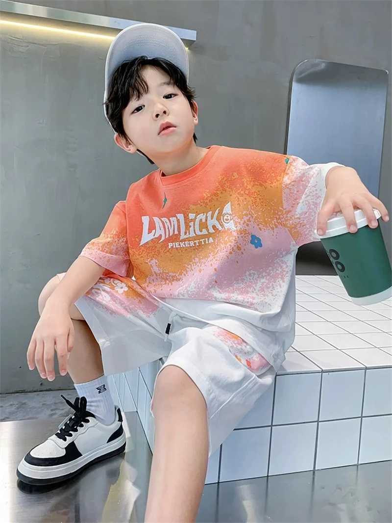 Summer Youth Clothing Set Boys Gradient T-shirt+Shorts 2-piece Large Childrens Casual Short Sleeve Set Childrens Printed SetT250327