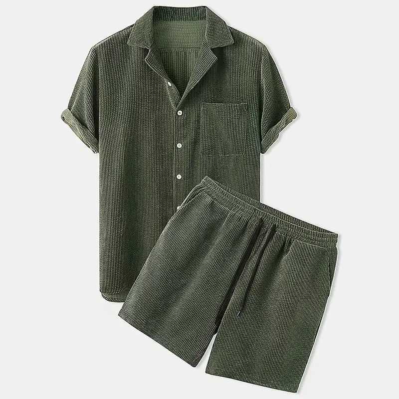 Spring and summer new solid mens Corduroy set short sleeved button up shirt and two-piece casual luxury set streetwearXJ250326