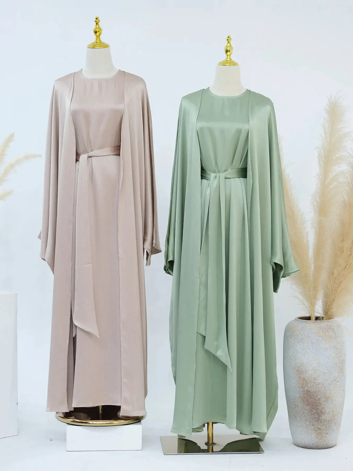 Ramadan Dubai satin plain weave 2piece Abaya set prayer clothing women humble Muslim Caftan Marocain robe Musulmane Kaftan 250326