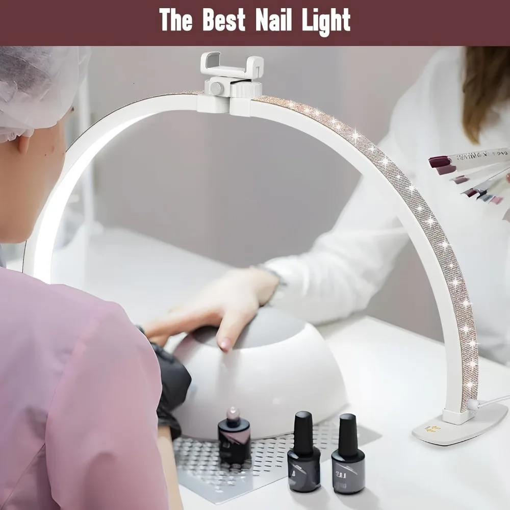 Nail table half moon light with phone holder 28 inch foldable sparkling diamonds LED for nail art 250325