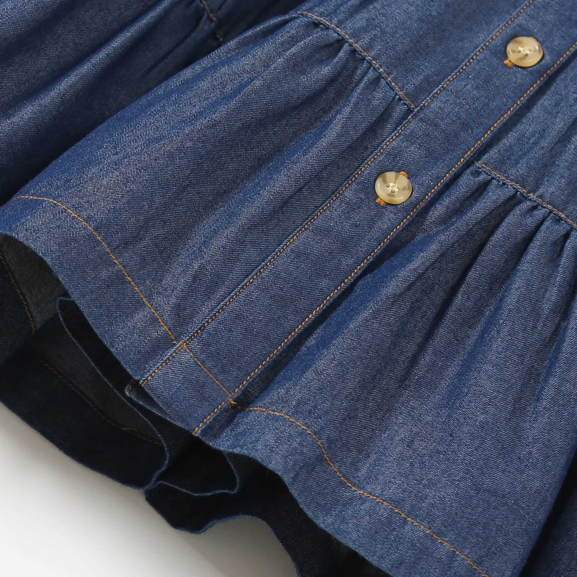 Summer Childrens Clothing Girls Denim Dresses Solid Colors Kids Short Sleeve Dresses O-Neck Kids Girl Casual Wrinkles Dress W250326