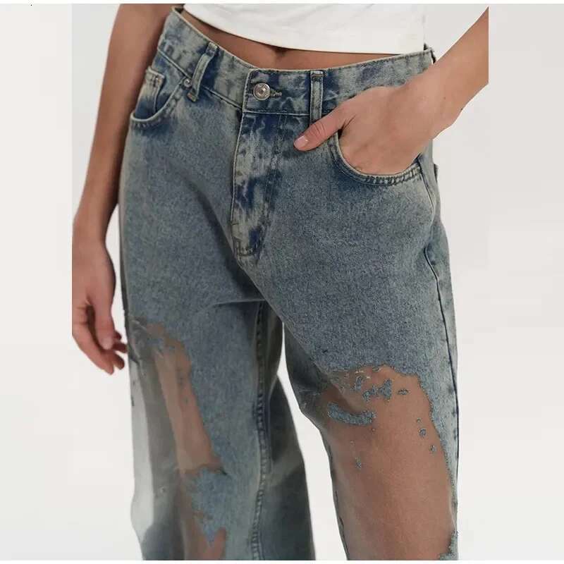 Street See Through Jeans Women Casual Patchwork Low Waist Zipper Pocket Denim Pants Female Summer Fashion New Lady Trousers