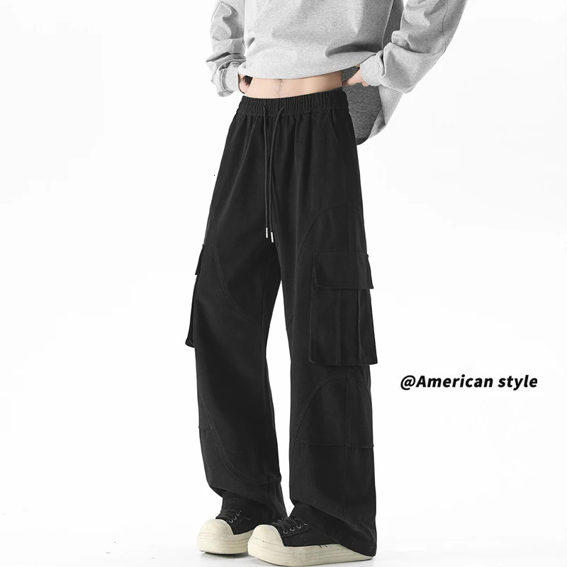 Classic mens loose cargo pants solid color large pocket casual fashionable streetwear retro wide leg 250327
