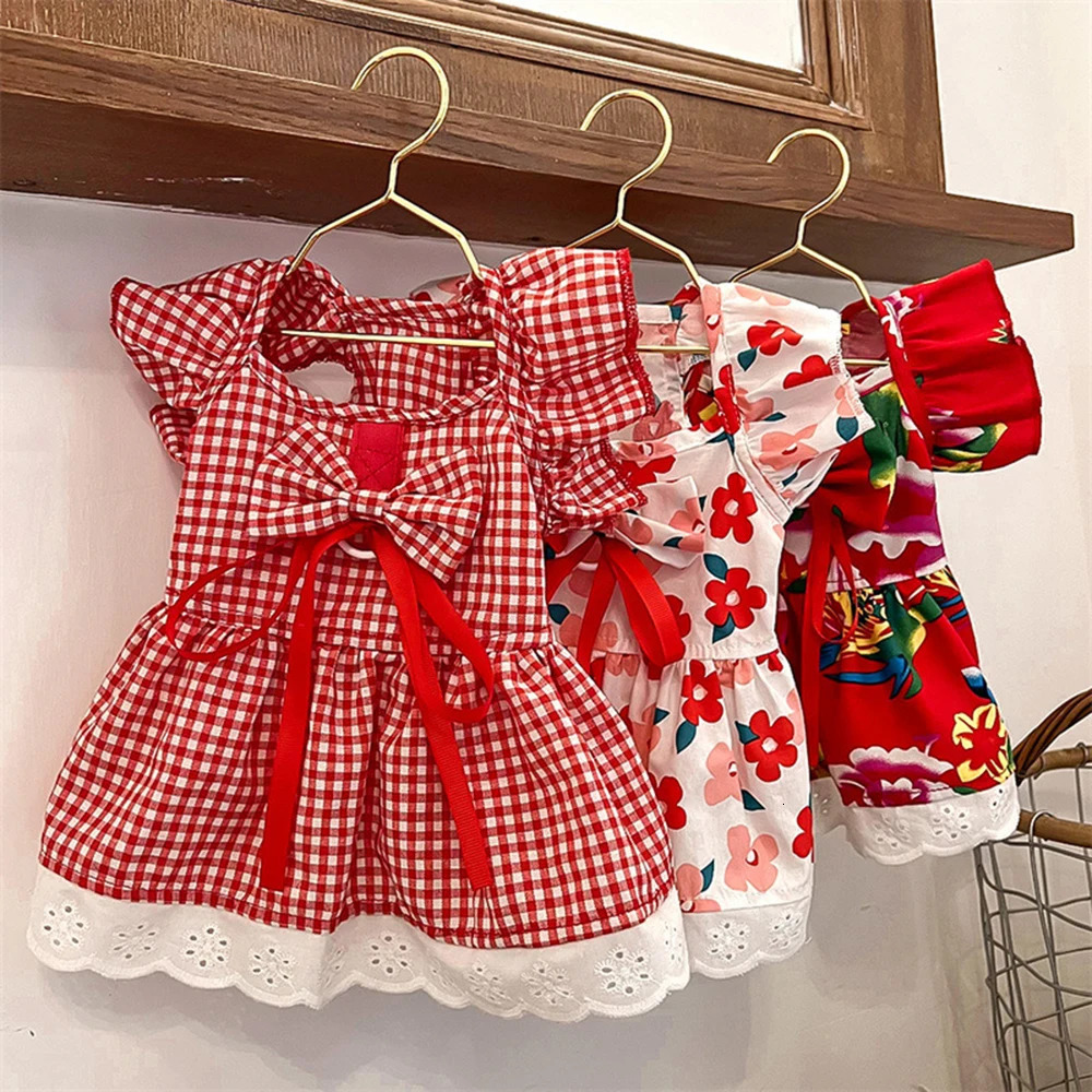 Pet Summer Flying Sleeve Dress Flower Bow Plaid Princess Dresses For Small Dog Cat Fashion Lace Ruffles Puppy Clothes 250326