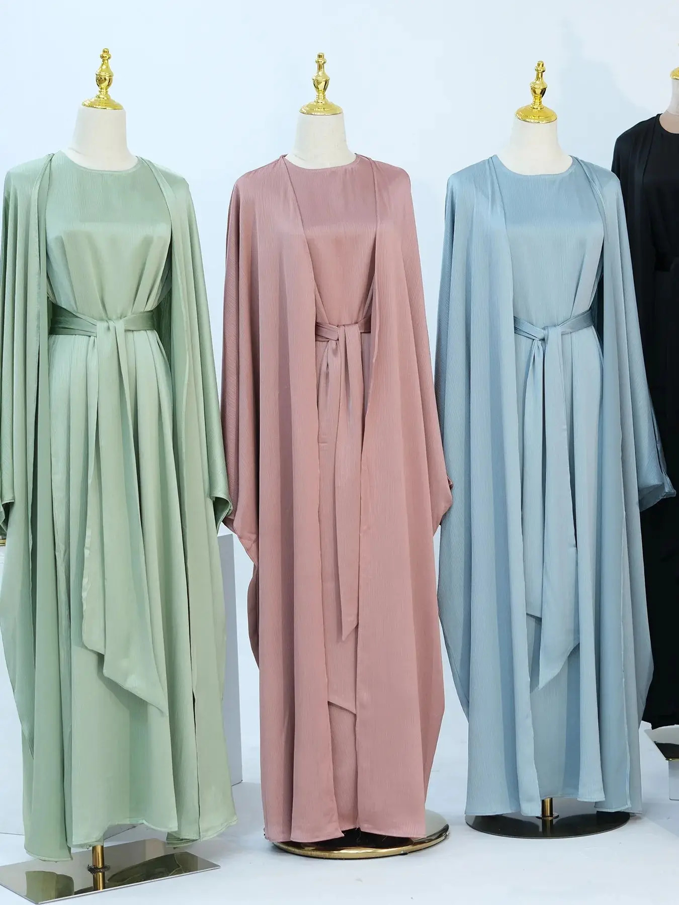 Ramadan Dubai satin plain weave 2piece Abaya set prayer clothing women humble Muslim Caftan Marocain robe Musulmane Kaftan 250326
