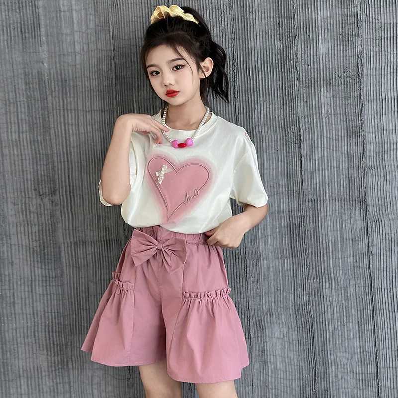 Girls clothing set new summer sweet short sleeved top+shorts 2PCS childrens clothing 6 8 10 12 14 year old childrens clothingT250327