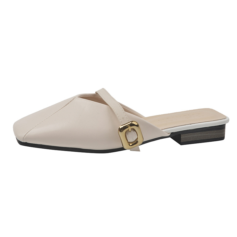 Slippers Low heel cooldown free Shipping Thick heeled half slippers Baotou sandals Shallow mouth sandal soft leather Slipper Female outdoor wear 2025 
