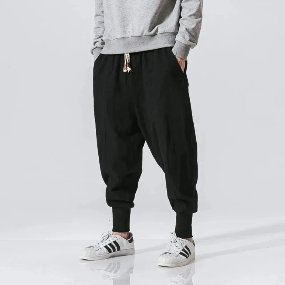 Mens harem pants streetwear cotton linen runners pocket hiphop fashion casual solid Trousers mens sports 250327