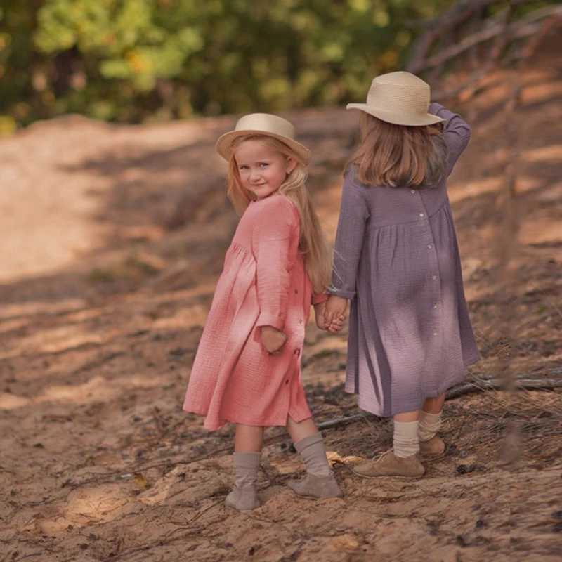 100% pure cotton retro girls dress autumn new item baby and childrens casual comfortable long sleeved button up dress childrens clothing TZ62 W250326