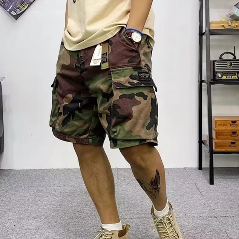 Fashion camouflage cargo shorts mens summer American waist belt multi flap pocket pants mid loose casual 250322