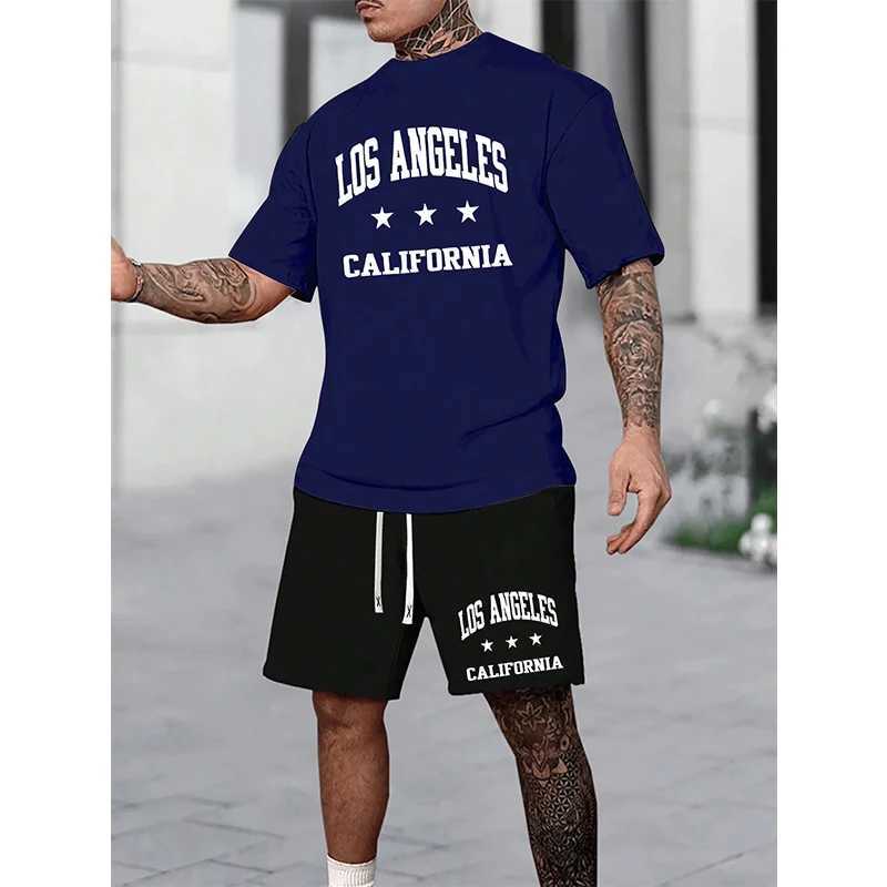 Mens casual sports set printed letter summer fashion breathable and refreshing set oversized mens loose round neck T-shirtXJ250326